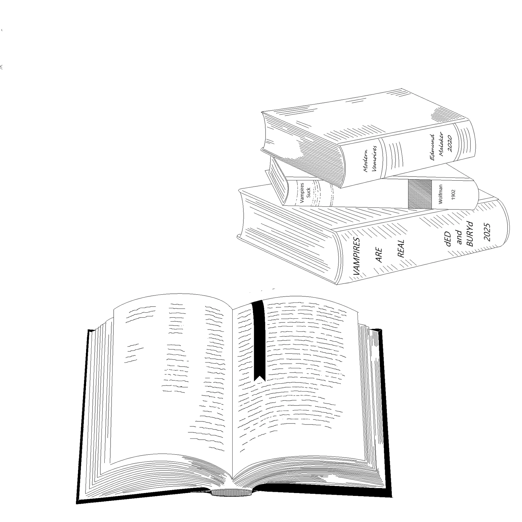 An open book and a stack of books drawn by Nancy Bury