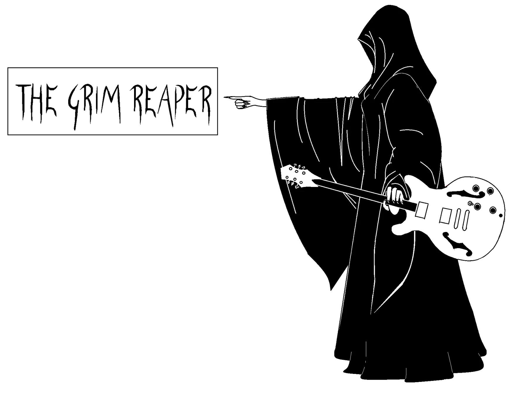 The Grim Reaper holding a guitar, drawn by Nancy Bury