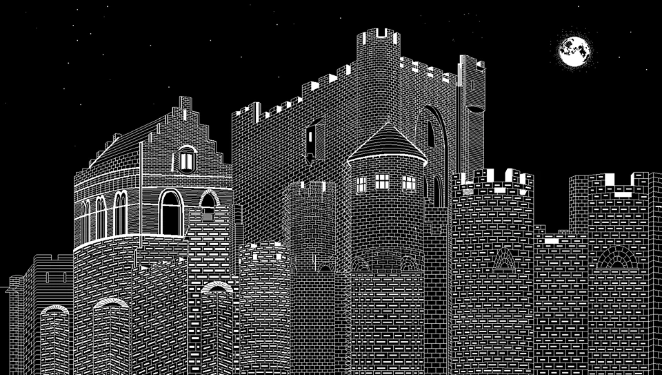 A moonlit castle drawn by Nancy Bury